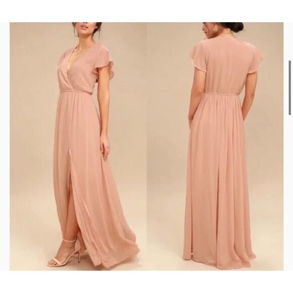 Lulus Dress Womens Medium Pink Blush‎ Lost in the Moment Blush Maxi V Neck - Picture 1 of 14